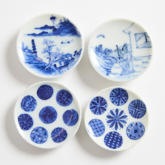 A Group of Four Blue and White Snuff Dishes, 19th Century