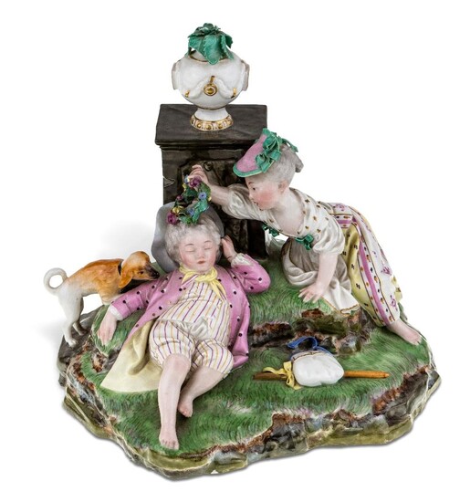 A Hochst porcelain group of Der Berkrantze Schlafer, c.1770, blue wheel mark, modelled by J.P. Melchior, with a sleeping farm boy, a dog beside him and a shepherdess leaning over him to garland his head with flowers, her hoe and satchel nearby, a...