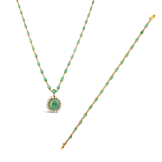 A Jadeite, Pearl and Gold Necklace and Bracelet