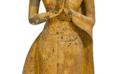 A LACQUER GILT BRONZE FIGURE OF A STANDING MONK.