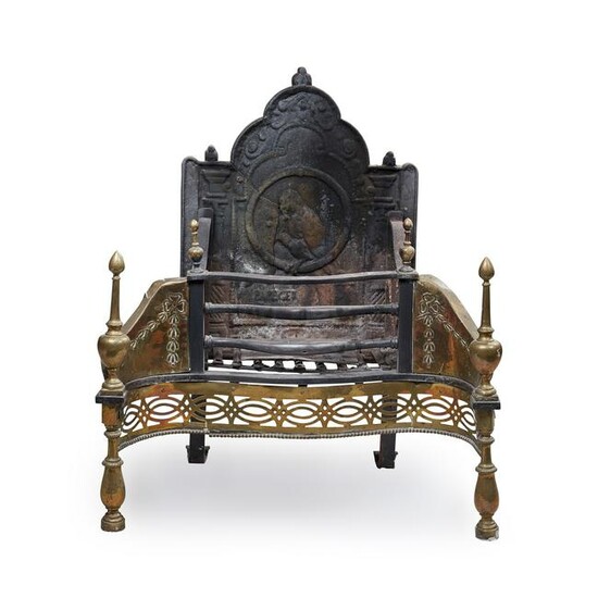 A LATE GEORGE III CAST IRON AND BRASS FIRE GRATE LATE