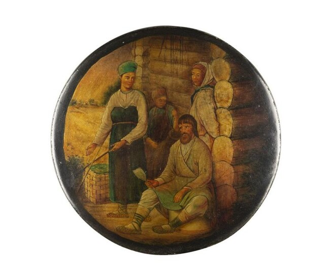 A LPAPIERMACHÃ‰ AND LACQUER BOX WITH RUSSIAN PEASANTS