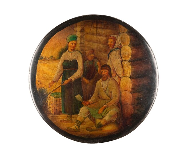 A LPAPIERMACHÉ AND LACQUER BOX WITH RUSSIAN PEASANTS