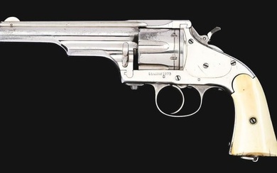 (A) NICKEL PLATED MERWIN & HULBERT .44-40 W.C.F. FRONTIER DOUBLE ACTION REVOLVER WITH IVORY GRIPS.