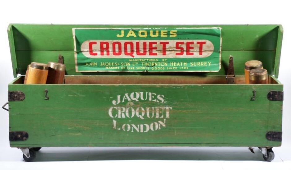 A Original Jaques Complete Croquet Set in Box on Castors (Five Players)