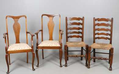 A PAIR OF 20TH CENTURY ELM LADDERBACK CHAIRS.