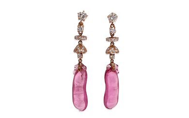 A PAIR OF CARVED RUBELLITE TOURMALINE AND DIAMOND EAR PENDANTS