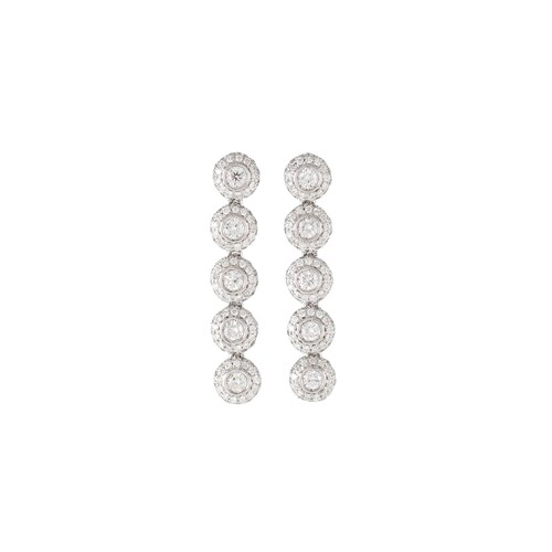 A PAIR OF DIAMOND DROP CLUSTER EARRINGS, each comprising fiv...