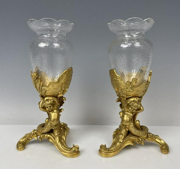 A PAIR OF DORE BRONZE & BACCARAT CRYSTAL VASES