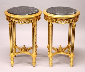 A PAIR OF FRENCH STYLE GILTWOOD CIRCULAR STANDS, inset