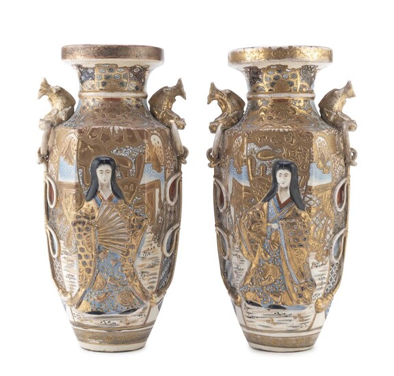 A PAIR OF JAPANESE POLYCHROME AND GOLD ENAMELED CERAMIC VASES LATE 19TH CENTURY.