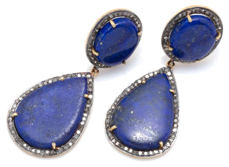 A PAIR OF LAPIS AND DIAMOND DROP EARRINGS; each a 14 x 11mm oval and 23 x 12mm pear shape lapis plaque surrounded by single cut diam...