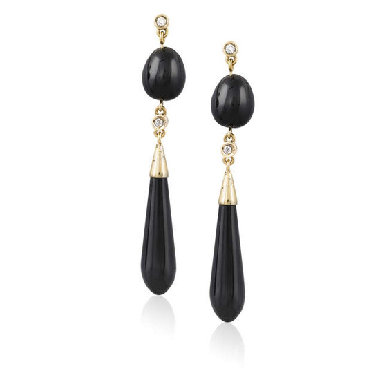 A PAIR OF ONYX AND DIAMOND PENDENT EARRINGS,...