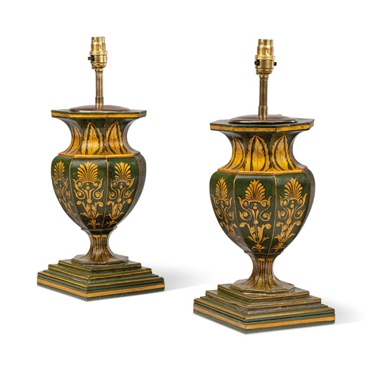 A PAIR OF REGENCY GREEN AND GILT-PAINTED TOLE OCTAGONAL BALUSTER VASE LAMPS