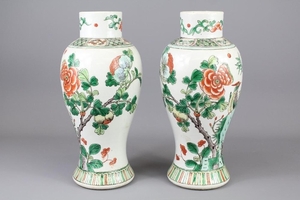 A Pair of Chinese 19th Century Famille Vert Vases; approx 31...
