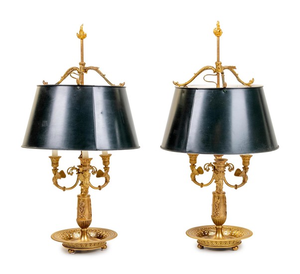 A Pair of Empire Style Gilt Bronze Bouillotte Lamps