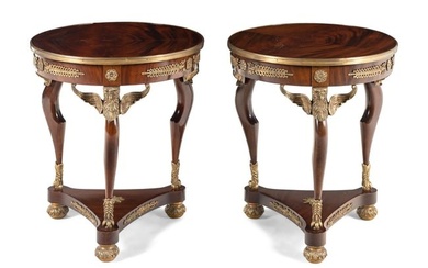 A Pair of Empire Style Gilt Bronze Mounted Mahogany Side Tables