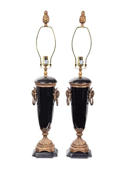 A Pair of French Gilt Bronze and Glazed Ceramic Urns