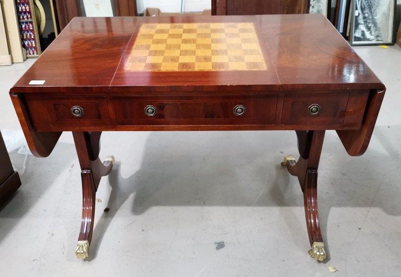 A Regency style inlaid mahogany sofa/games table with chess/...