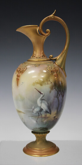 A Royal Worcester Hadley ewer, circa 1907, the lobed ovoid body painted with two storks wading in a