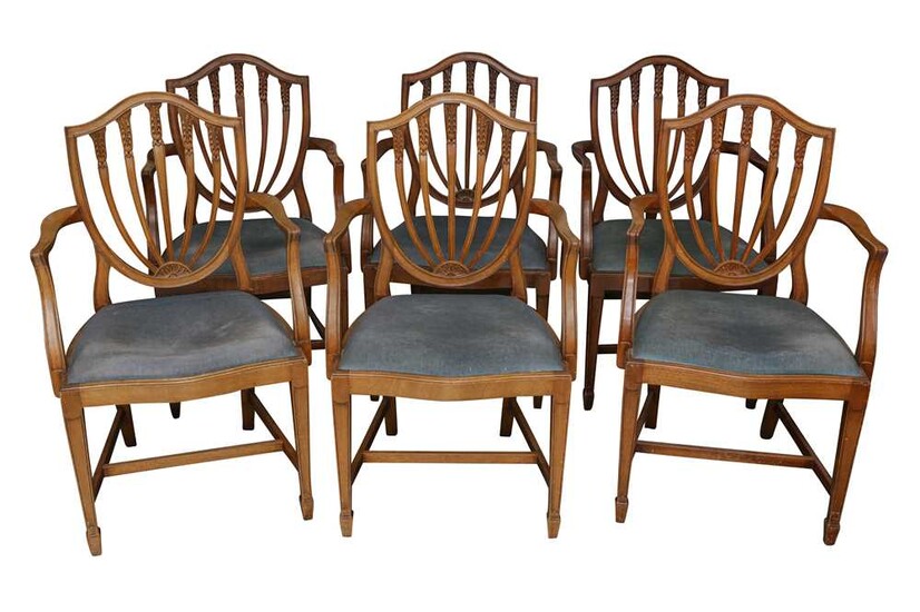 A SET OF SIX PALE MAHOGANY HEPPLEWHITE STYLE ARMCHAIRS, 20TH CENTURY