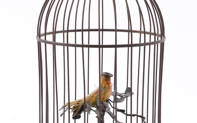 A SINGING BIRD AUTOMATON IN BRASS CAGE