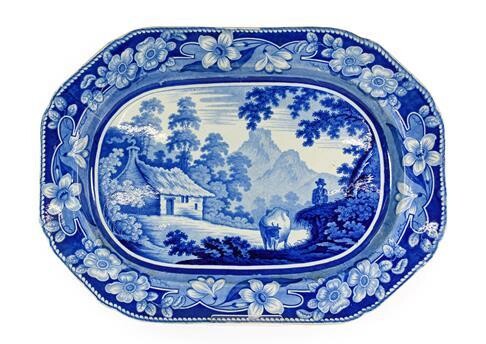 A Staffordshire Pearlware Platter, circa 1820, printed in underglaze blue...