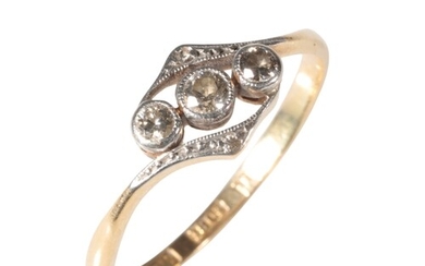 A THREE STONE DIAMOND RING, on an 18ct yellow gold shank, ri...