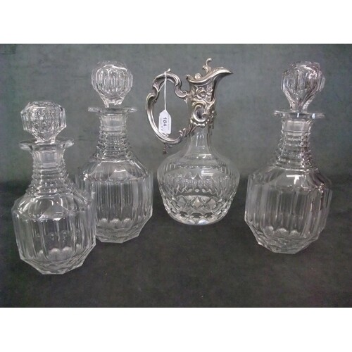 A Victorian part lozenge cut glass claret jug, with silver-p...