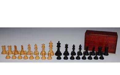 A boxwood and ebony Staunton pattern weighted chess set, the...