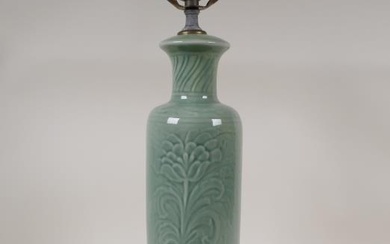 A brass and celadon glazed porcelain lamp, with underglaze...