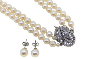 A double row pearl necklace, together with a pair of ear studs