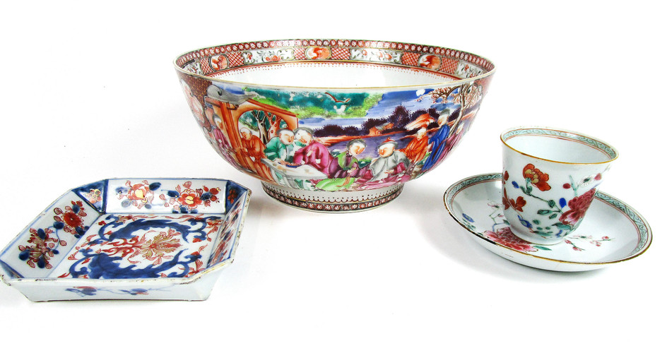 A famille rose punch bowl, an Imari dish and tea bowl and saucer