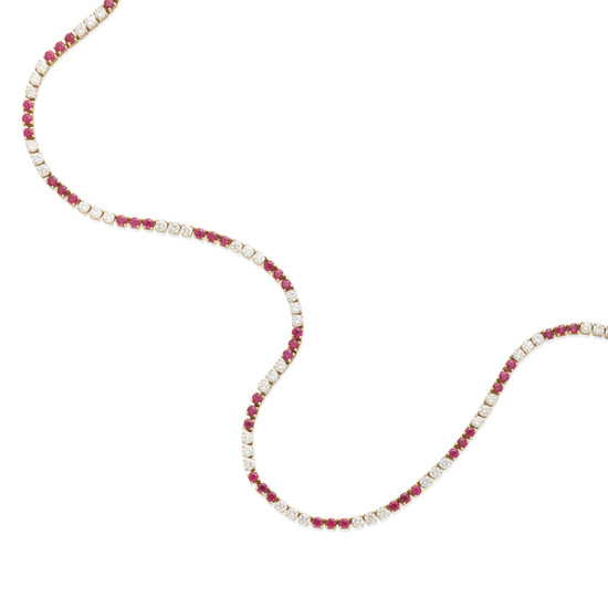 A gold, ruby and diamond line necklace