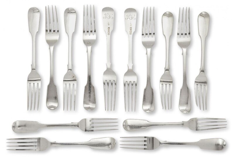 A harlequin set of fourteen silver table forks, various dates and makers including: London, c.1839, Mary Chawner and London, c.1812, William Eley, William Fearn & William Chawner, all of fiddle pattern design with various monograms or crests to...
