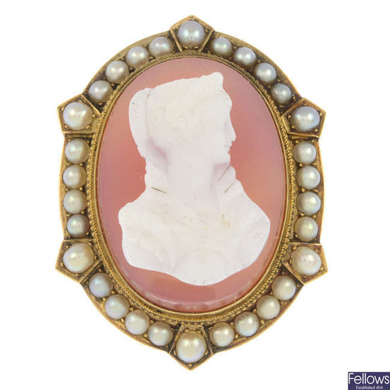 A late 19th century gold hardstone and cultured pearl cameo pendant.