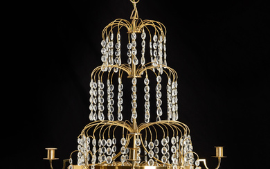 A late Gustavian style chandelier, 4 light arms, brass frame, prisms.