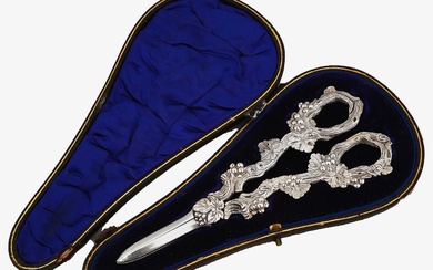 A late Victorian cased pair of cast silver grape shears