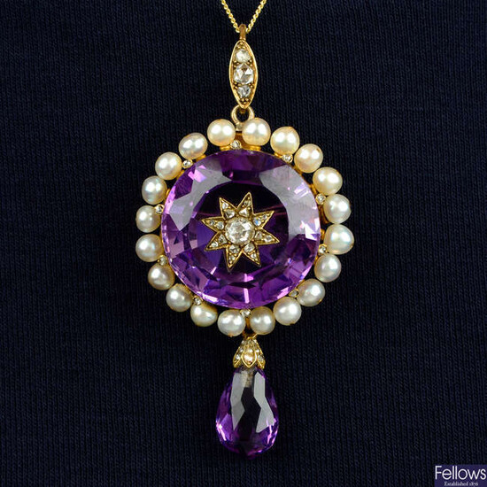 A late Victorian gold, amethyst, rose-cut diamond star and cultured pearl pendant.