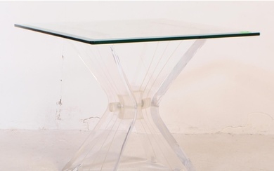A mid 20th century lucite and glass butterfly coffee table. ...