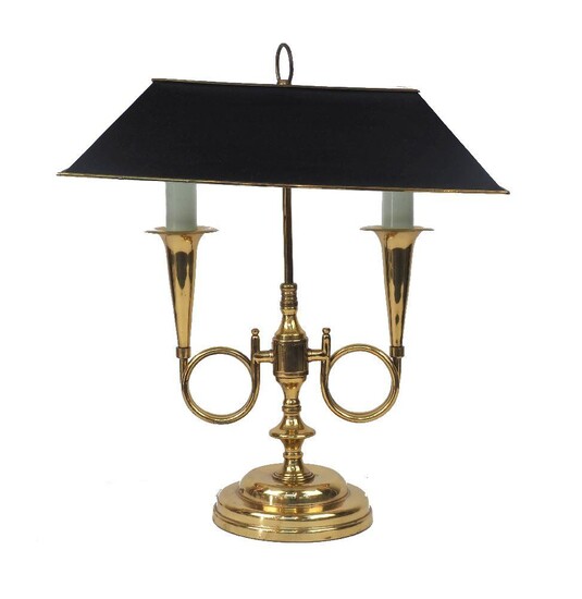 A modern brass twin-light bouillotte lamp, with trumpet branches and rectangular tole shade, 50cm high It is the buyer's responsibility to ensure that electrical items are professionally rewired for use.