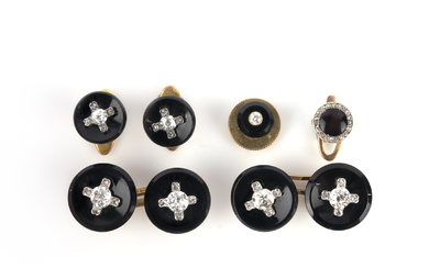A pair of Art Deco onyx and diamond cufflinks and a pair of collar studs, France, early 20th