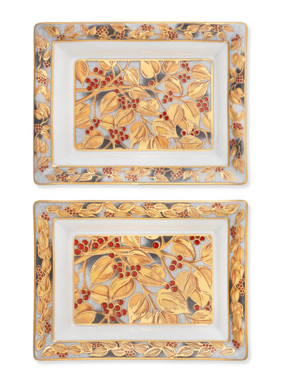 A pair of Patek Philippe gold floral motif commemoration Limoges dishes from 2002