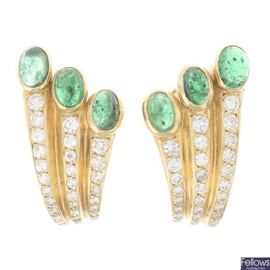 A pair of emerald cabochon and brilliant-cut diamond