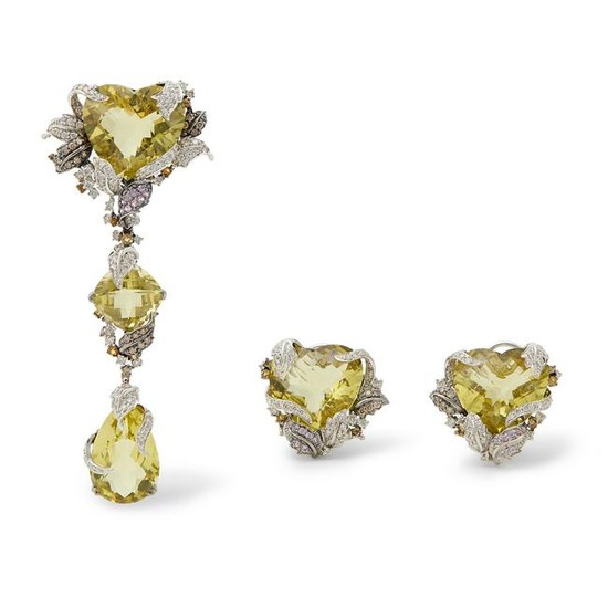 A pair of quartz and diamond earrings and pendant.