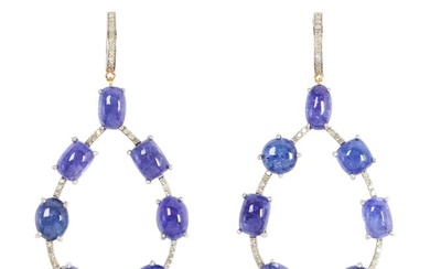 A pair of tanzanite, diamond, silver and 14k gold earrings