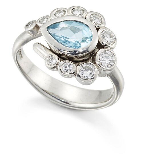 A platinum aquamarine and diamond cluster ring, the central collet-set pear-shaped aquamarine with graduated collet-set brilliant-cut diamond hook shaped surround, ring size N