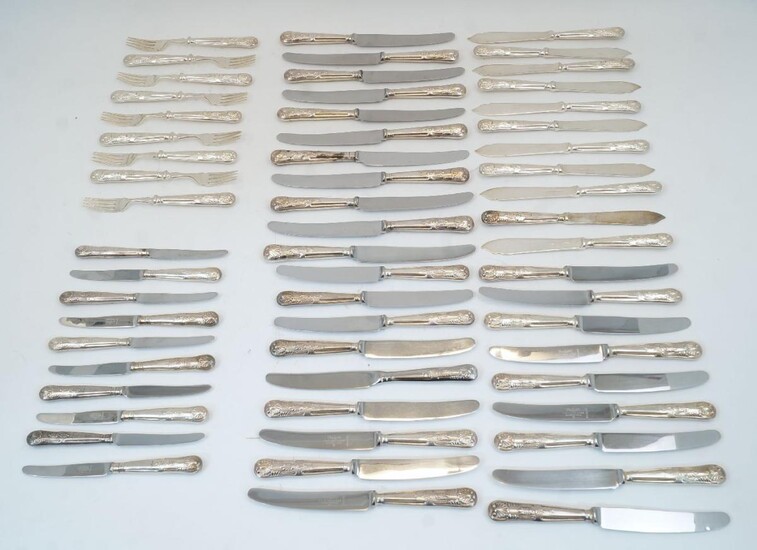 A silver plated Kings pattern service, comprising: nine fish forks; eleven fish knives; ten butter knives; eleven table knives; and eighteen dessert knives (59)