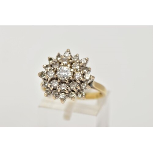 AN 18CT GOLD DIAMOND CLUSTER RING, large raised cluster set ...