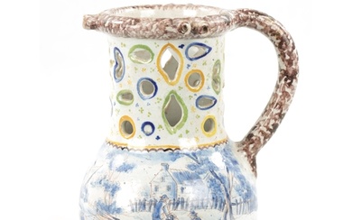 AN 18TH CENTURY DUTCH DELFTWARE PUZZLE JUG with polychrome d...